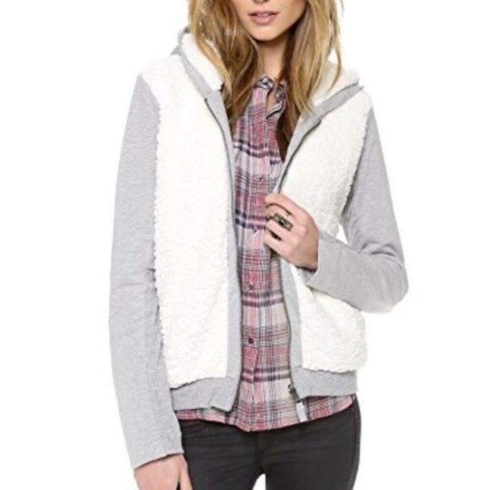 Splendid Sz M Gray White Sherpa Lined Zip Hoodie Sweatshirt Jacket Coat Fuzzy